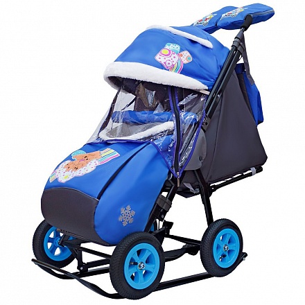 Санки-коляска Snow Galaxy City-1-1, дизайн - 2 Медведя на облаке на синем фоне, на больших надувных колёсах с сумкой и варежками 
